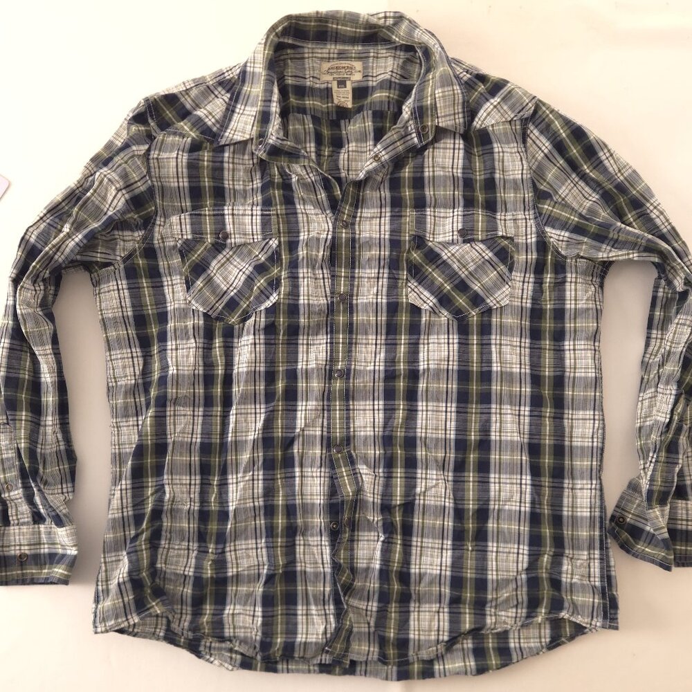 American Rag Navy Olive Plaid Snap-Front Cotton Shirt XXL 2XL